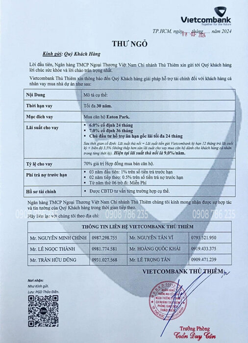 Ngan hang vietcombank ho tro vay von khi mua can ho eaton park